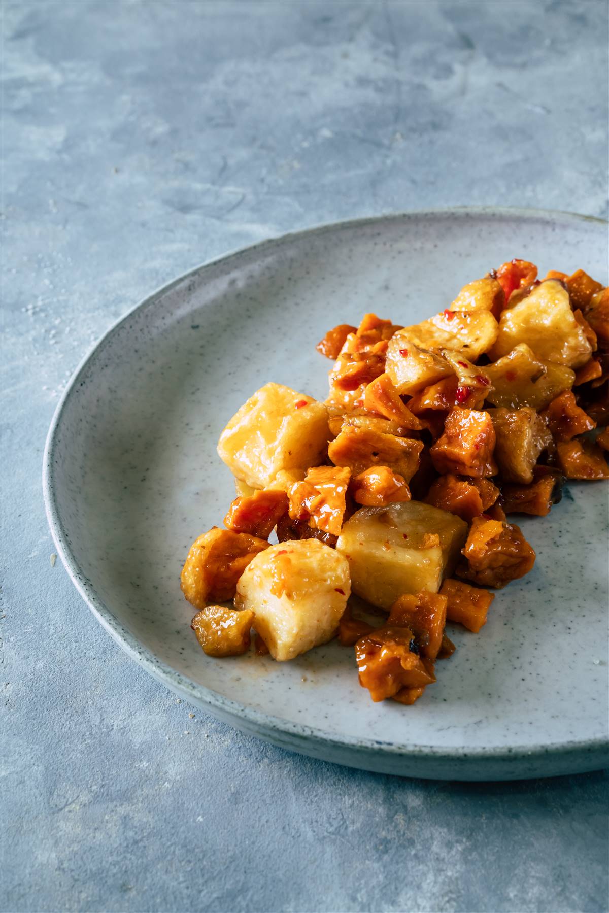 Cubed Potatoes and Sweet Potatoes in Chili
