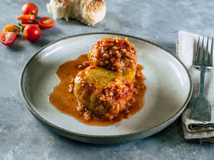 Pepper stuffed with rice in homemade tomato sauce