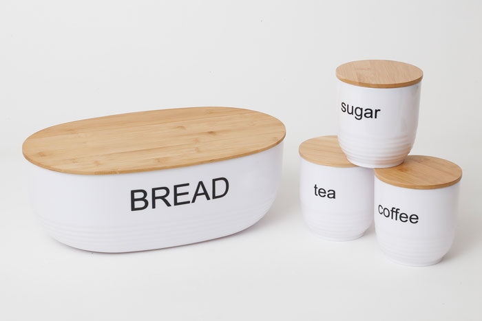 Coffee tea set Sugar and metal bread box with bamboo wooden lid
