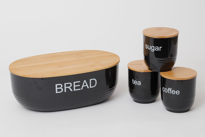 Coffee tea set Sugar and metal bread box with bamboo lids
