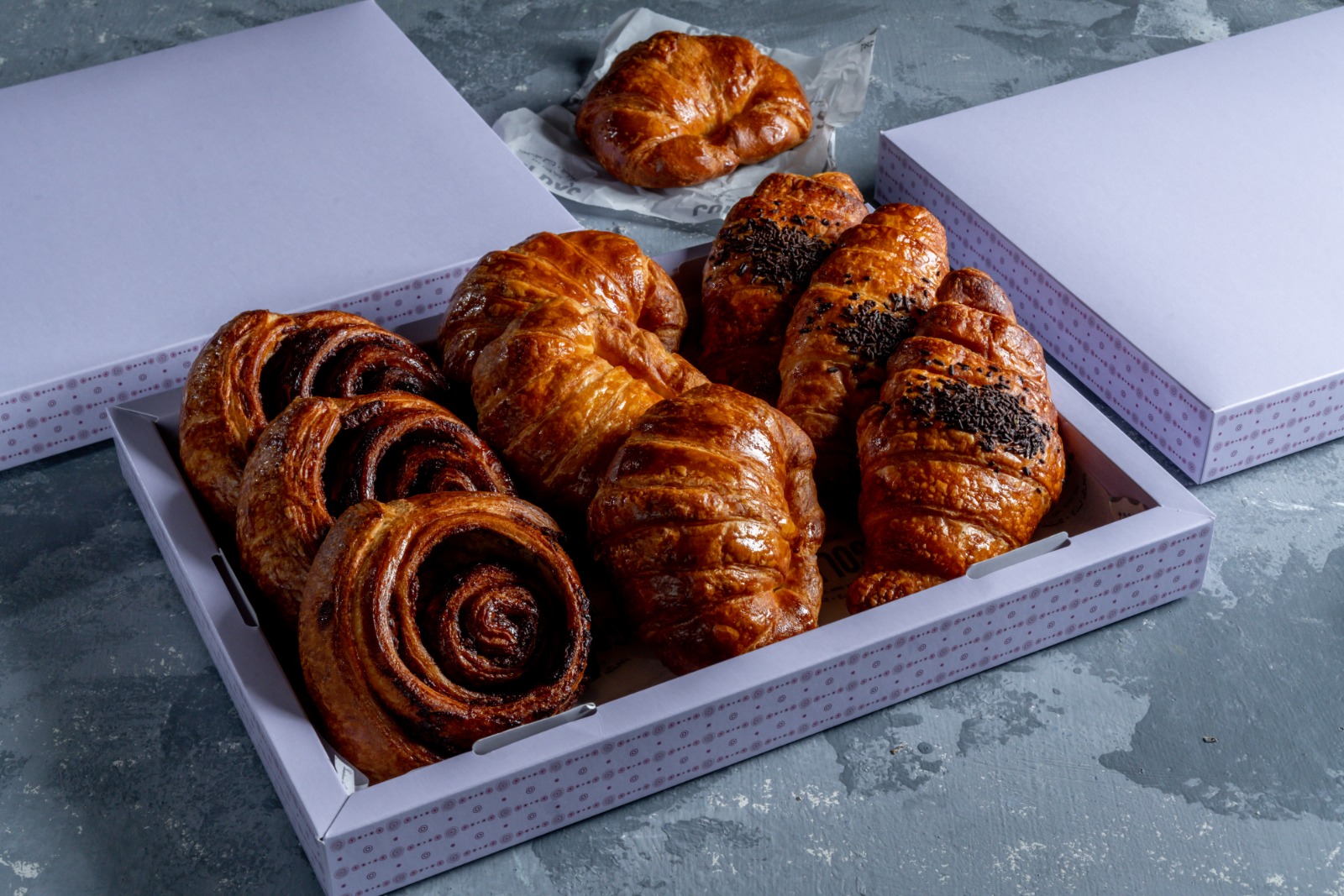 A tray of freshly breakfast pastries from the bakery
