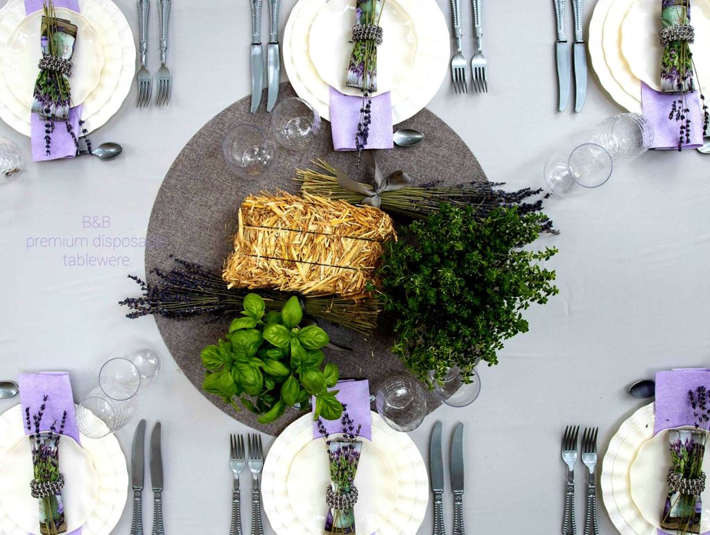A luxurious 'Blooming Lavender' disposable Shabbat table